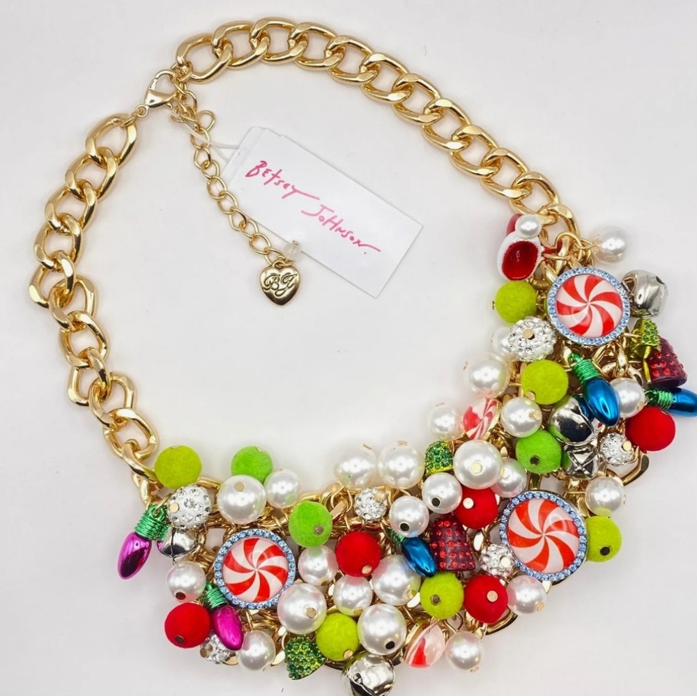 Betsey Johnson Peppermint Pearl Light Bulb Colorful Statement Necklace Ty HL - Picture 5 of 6
